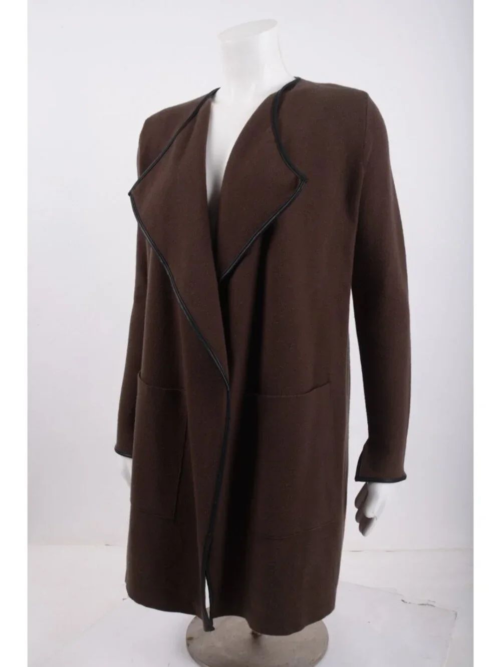 Zara Knit Womens Sweater Small Brown Cardigan Faux Leather Trim Open Front EUC - Picture 3 of 6
